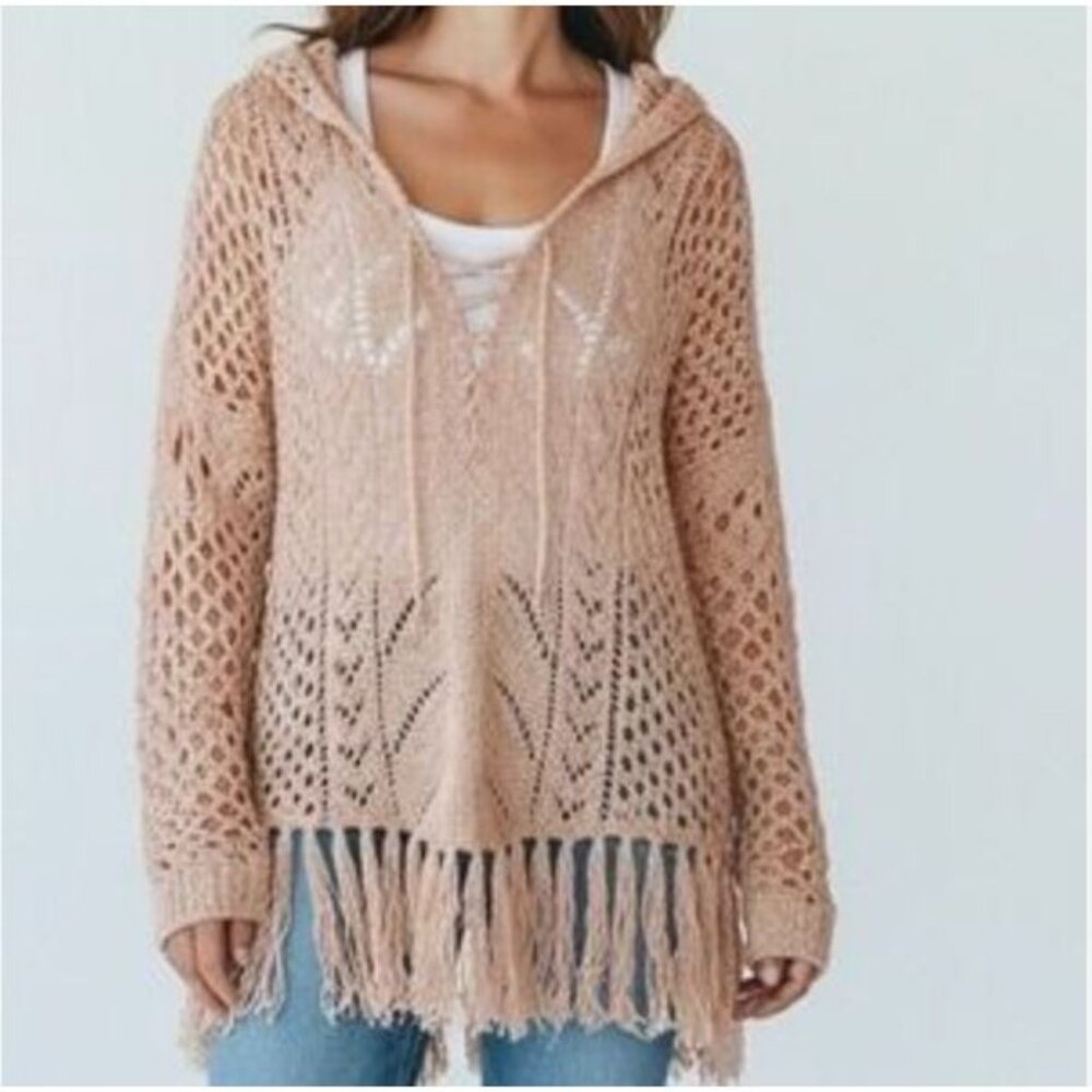 BKE Buckle Pink Crochet Fringe Y2K Boho Wool Blend Sweater Size Small